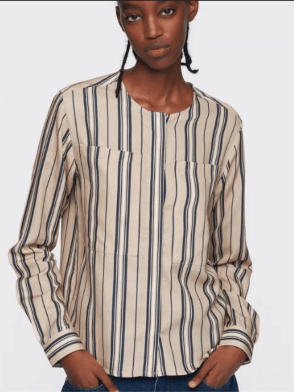 KOTN Beige Button Up Shirt with Navy & White Stripes Size M